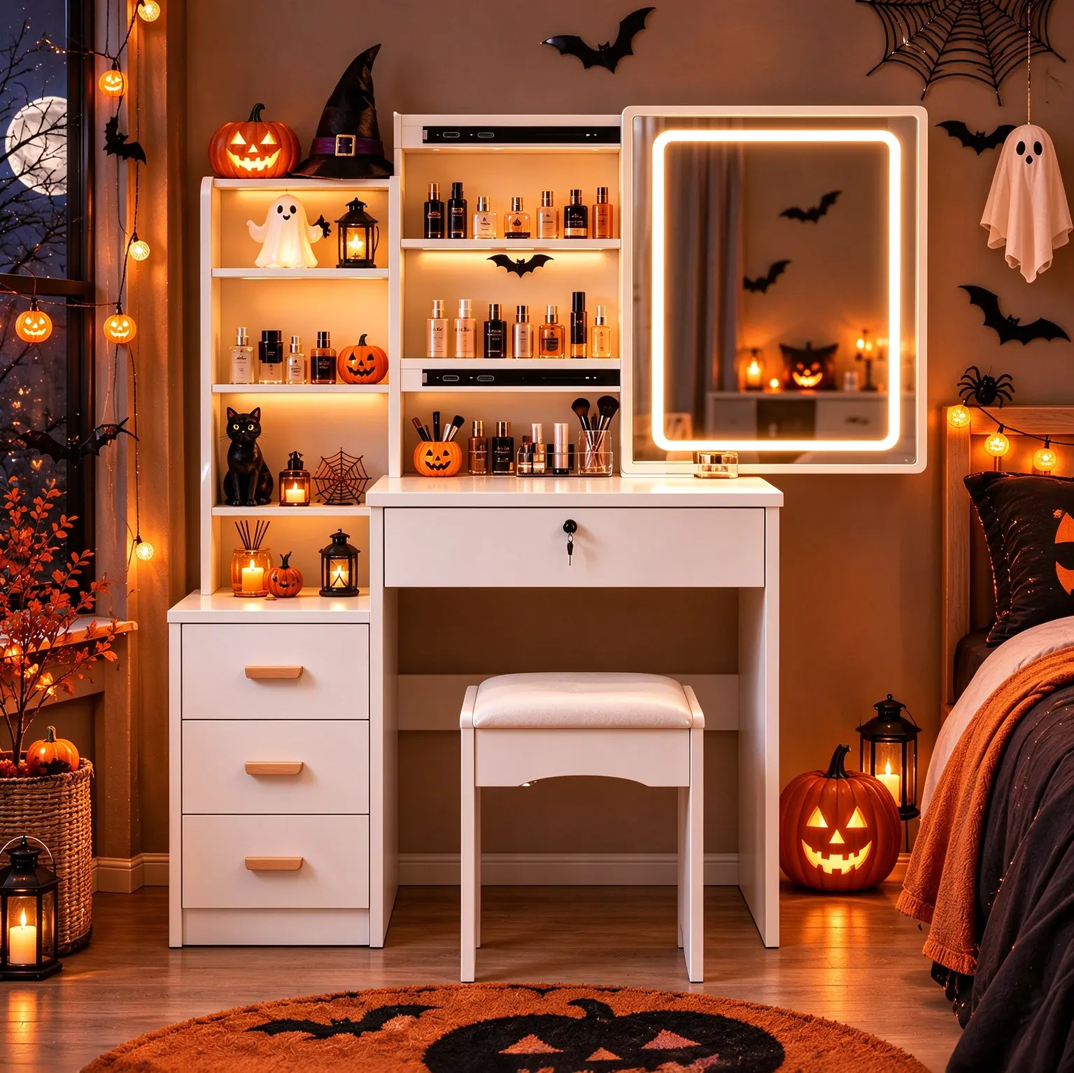 White LED vanity set with mirror and stool, modern Halloween aesthetic makeup table equipped with storage drawers; popular among teen girls, great for bedroom, dorm and apartment decoration furniture mio liki woman rgb cabinet illuminated large capacity