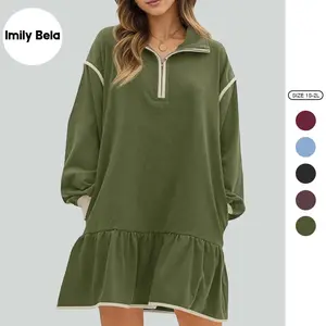 Imily Bela Womens 2025 Fall Oversized Sweatshirt Dress Casual Long Sleeve Quarter Zip Ruffle Hem Pullover Mini