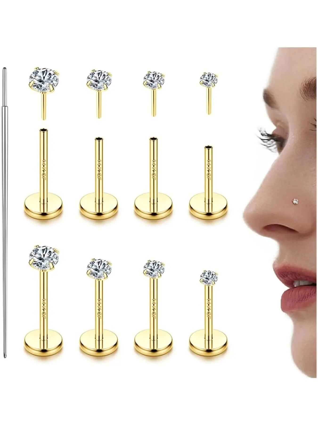 14K Gold Plated 316L Steel Threadless CZ Nose Studs, Ideal for Women & Men, Lip Labret Studs, Flat Back Stud Earrings, Hypoallergenic Body Piercing Jewelry for Nose, Tragus, Helix and Cartilage, Body Jewellery, 16/18/20G