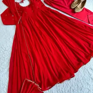 Women red anarkali Traditional Women's Indian Dress for Weddings Casual Suit with Dupatta and Elegant Design Clothes Womenswear Faux Blooming Gown with Rich Sequins Embroidered Work