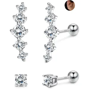 THUNARAZ 2 Pairs Sterling Silver Cartilage Zircon Stud Earrings for Women, White Gold Plated Leaf & Star Crawler Earrings, 20G Conch Cartilage Earrings, Simple, Elegant & Fashionable