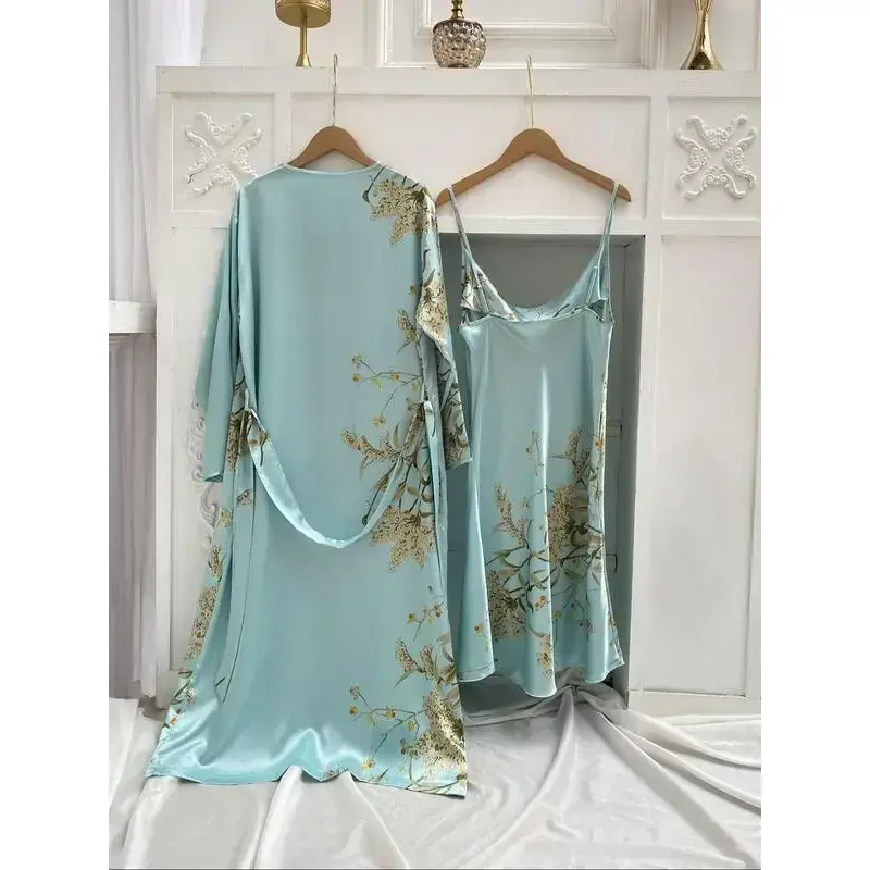 Women's Floral Print Belted Lounge Robe & Adjustable Cami Nightdress Satin Pyjama Set, Elegant Dressing Gown & Cowl Neck Backless Nightdress, Ladies SleepwearGift Women's Floral Print Belted Lounge Robe & Adjustable Cami Nightdress Satin Pyjama Set, Elegant Dressing Gown & Cowl Neck Backless Nightdress, Ladies SleepwearGift