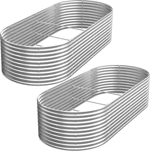 Two Sets Elevated Garden Beds Made of Corrugated Galvanized Steel, Measuring 8 by 4 Feet, Designed for Outdoor Use, in an Oval Shape, Suitable for Gardening, Raised Above The Ground for Planting Vegetables And Flowers