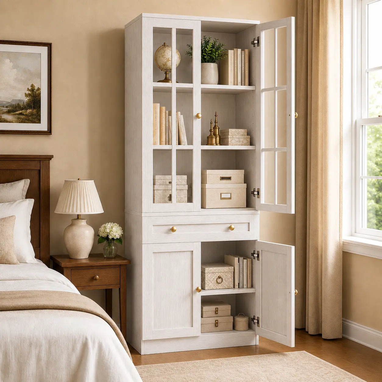80"Tall Farmhouse Bookshelf with 2 Extended Glass Doors,27"W Narrow Corner Bookshelf with Wood Drawer,5 Adjustable Shelves，for Small space,Bedroom,Study