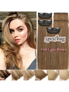 Set of 5 Straight Clip-In Hair Extensions, Real Human Hair, Double Wefts, Invisible Clips, Medium Length, Perfect for Daily Use