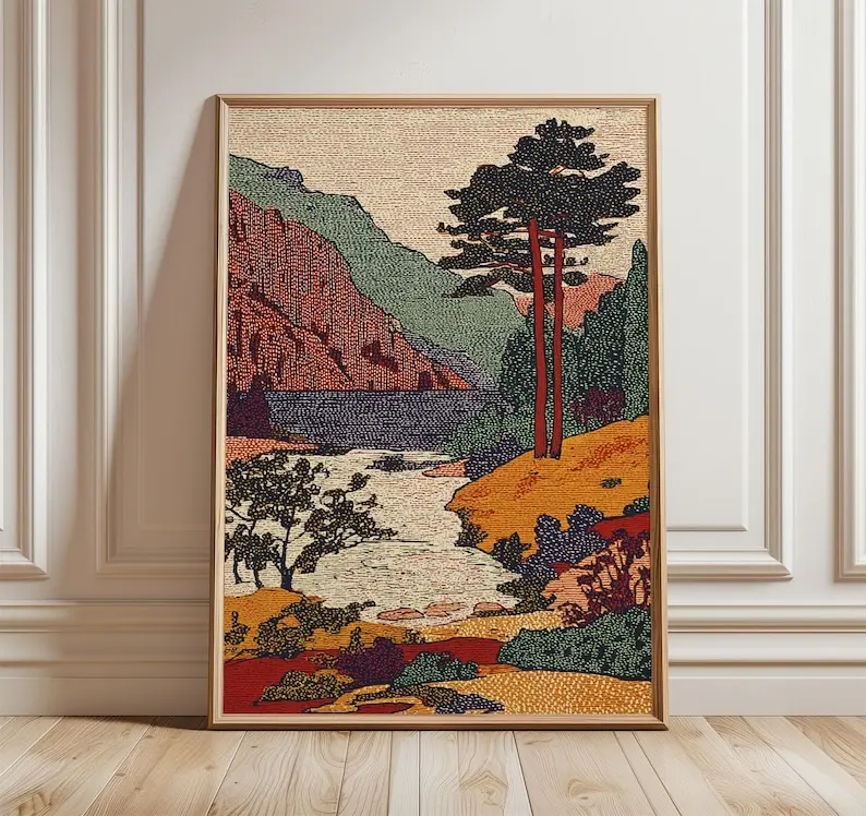[Sale Up To 50%][No frame, Free Ship] Vintage Landscape Art Print, Retro Scenic Wall Art with Mountains and River, Warm Earth Tone Poster, Classic Nature Home Decor