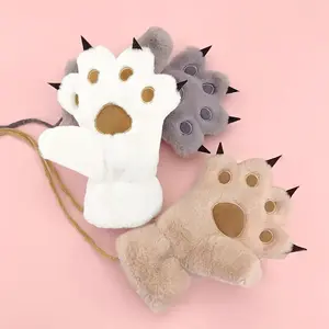 1 Pair Girls' Winter Plush Bear Paw Gloves - Cute Cartoon Bear Face with Expressive Eyes & Nose, Thick Warm Fleece-Lined Hand Warmers for Old