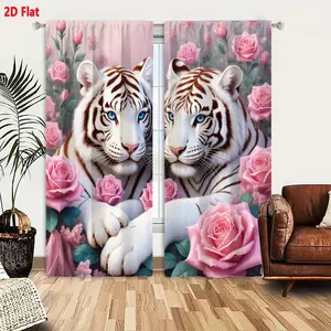 2D Flat  2-Pack Pastel Pink Dreamy White Tiger Curtains with Blue Eyes, Large Pink Roses & Green Leaves for Romantic Gentle Atmosphere, Soft Whimsical Decorative Window Curtains for Bedroom Living Room