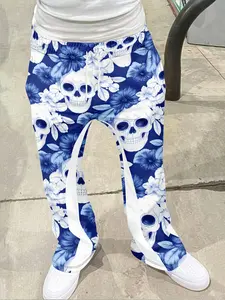 Gothic Skull Print Flare Pants, Deep Color Romantic Casual Long Pants, Geometric Pattern, Fitted Style, All Seasons, Casual Fashion Trousers