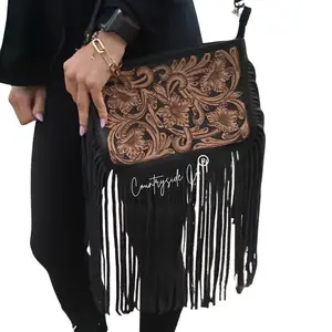 Countryside Co. Rio Grande Tooled Leather Purse, 7" x 10" with Adjustable Strap, Fringed Edges,  Crossbody Women's  shoulder  bag