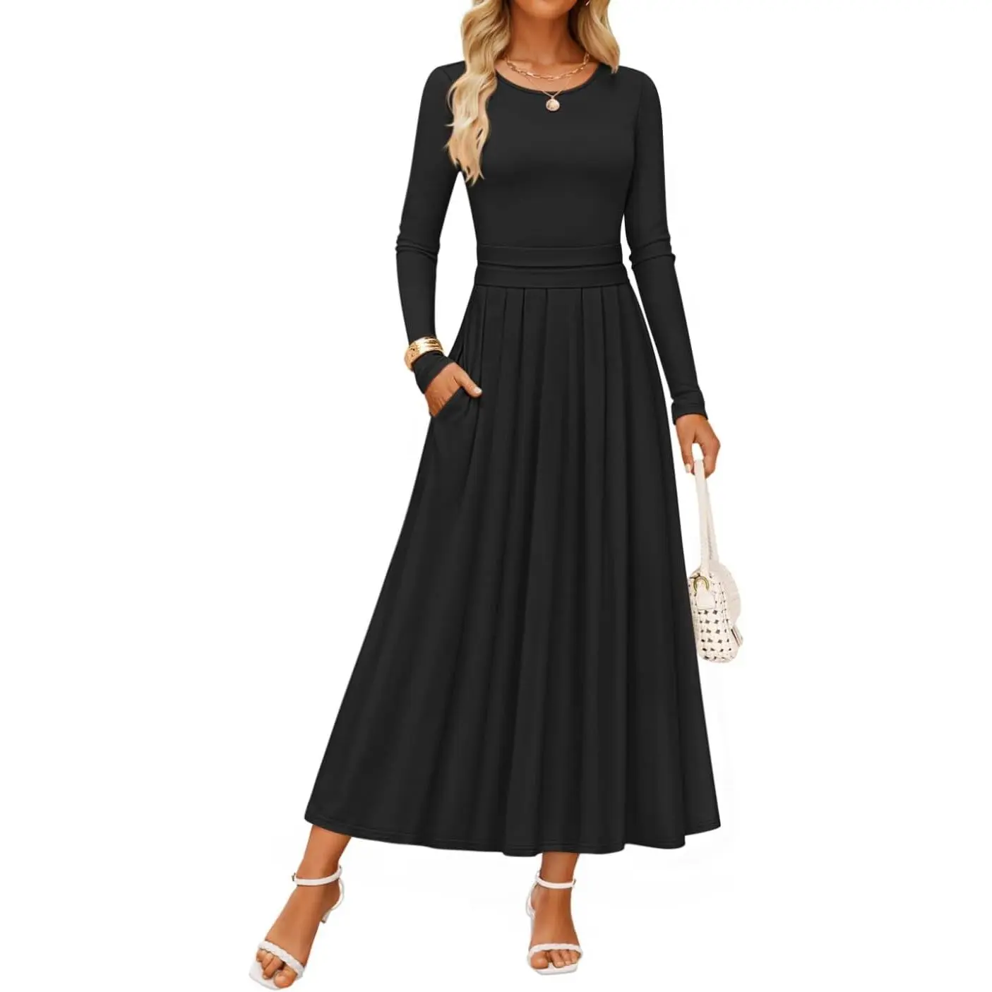 ZESICA Women's Casual Elegant Long Sleeve Knit Maxi Dresses Pleated Aline | Decorative Belt, Slim Fit, Basic Crewneck, High Waist, Office Work, Flowy Wedding Guest Long Dress, 2026 Early Fall Fashion