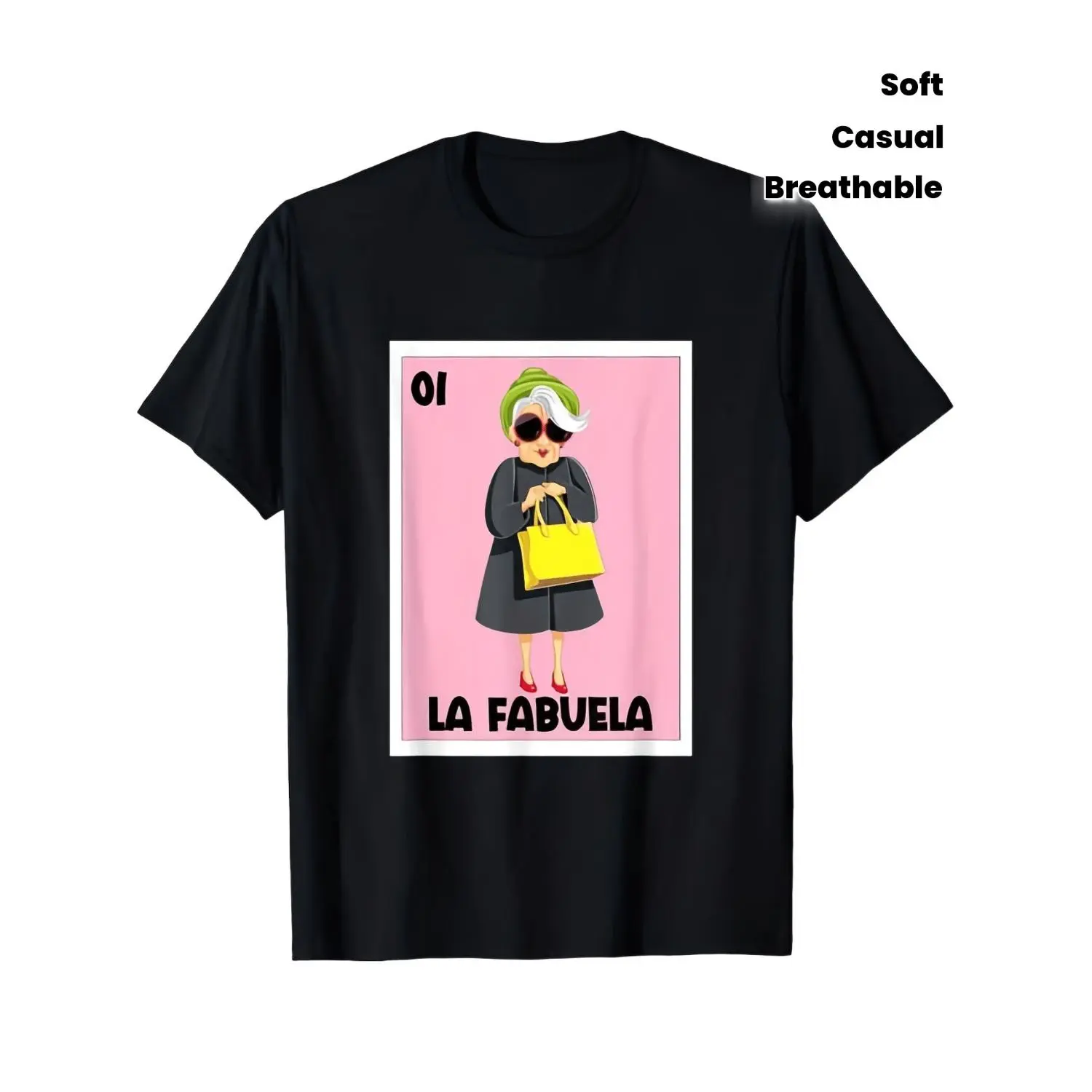 Stylish Short-Sleeve Round Neck Fabric Minimalist T-Shirt, Featuring Mexican Bingo Card Game and Spanish Abuela Grandma Design
