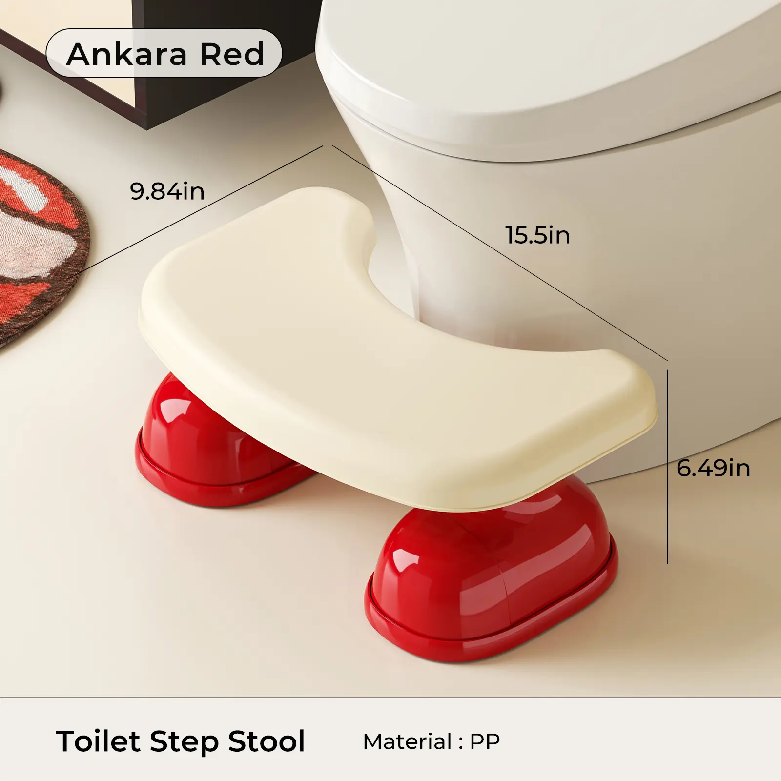 Indoor Furniture Plastic Backless Squat Toilet Stool for Adults - Non-Toxic Polypropylene, Ergonomic Design, Slip-Safe Footing, Stable Wide Base, Strain-Reducing Bathroom Step Stool (White/Red) Multifunctional Stool