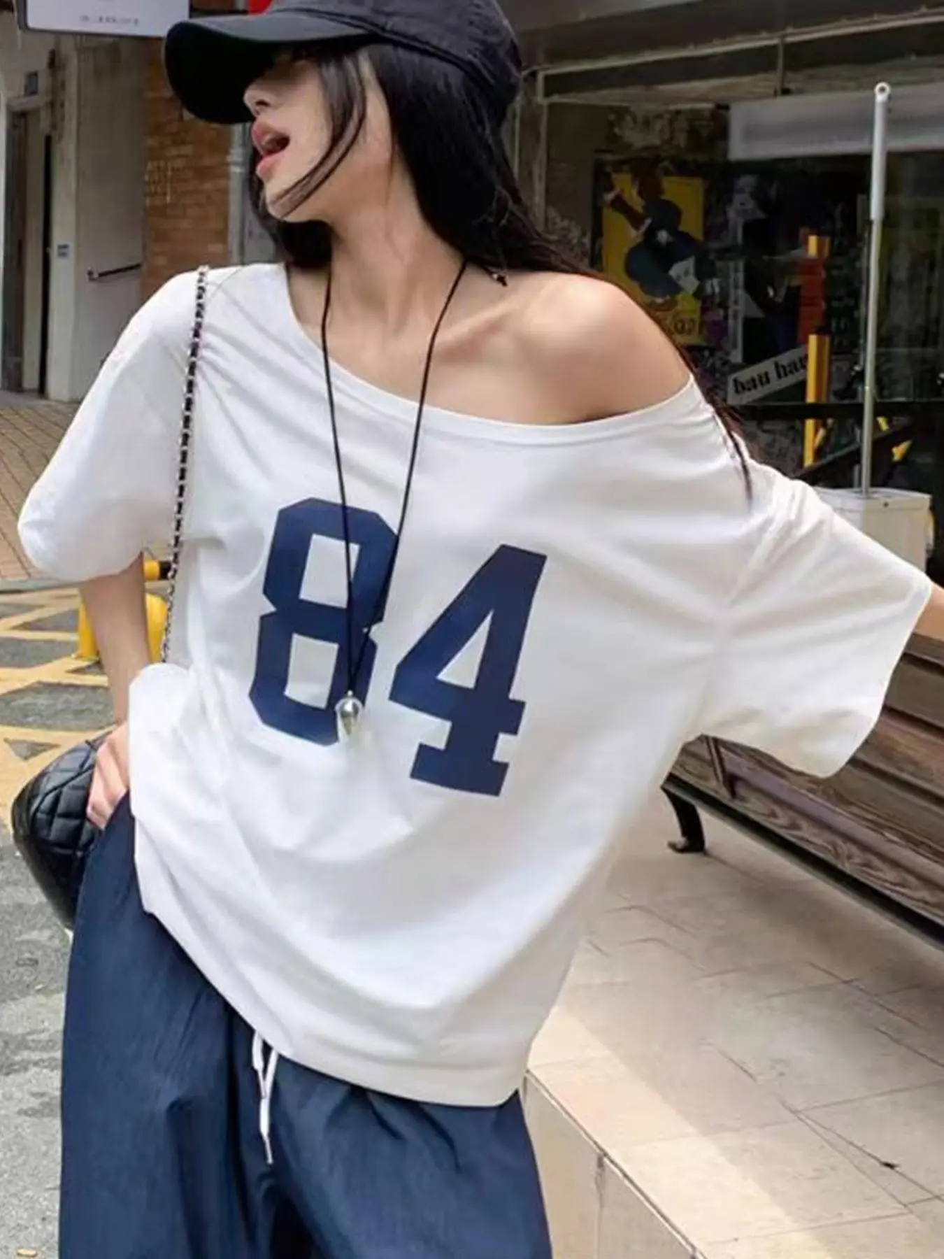 Women's "84" Number Print Casual Printed Asymmetrical Neck Tee, Casual Fashionable Top, Drop Shoulder Half Sleeve T-shirt for Summer, Ladies Clothes for Daily Wear, Casual T Shirts, Womenswear