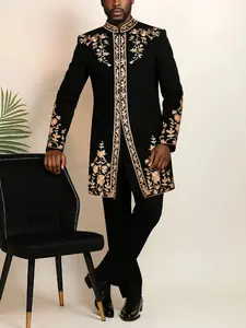 2 Pcs/Set, Zip-Up Plant Embroidered Men's Pants Set, Front Zipper, Long Sleeve, Plant Embroidery, Elastic Waist Pants, African Clothing, Men's Casual Pants Set, Streetwear Style, Party, Date, Cultural Events