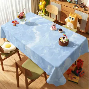 Nordic style fresh marble tablecloth, smog blue background hand-painted light white blooming marble texture printing, fresh fabric decorative pad, suitable for Nordic style restaurant, desk, picnic atmosphere layout tablecloth