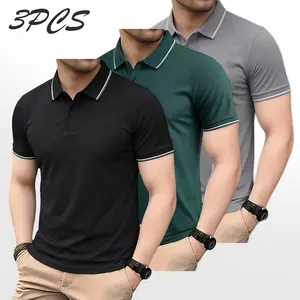 Men’s casual short-sleeve polo set of 3, featuring a white striped collar design. Quick-drying and breathable golf and tennis tops, comfortable riding apparel, stylish men’s sportswear. Suitable for casual gatherings, holidays, and travel, with contrastin