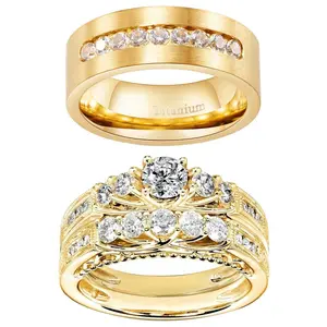 Ringcrown Couple Rings Matching Rings Princess Cut Three Stone 1.5ct CZ Yellow Gold Plated 2pcs Women Wedding Ring Sets For Him And Her Ring Sets Men Titanium Steel Wedding Band