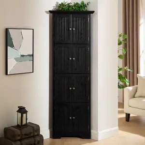 4-Tier 72" Corner Kitchen Pantry Storage Cabinet with 8 Doors Tall Storage Cabinet, Corner Cabinet and Shelves, Home farmhouse bookshelf Cabinet for Bathroom, Living room, Kitchen BLK