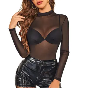 Avidlove Mesh Top for Women Long Sleeve Round Neck Slim-Fitting See-Through Shimmer Glitter Mesh Blouses S-XXL Summer Beach Shirts