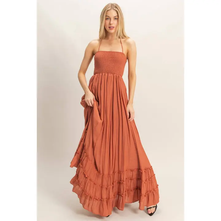 Women's Burnt Hippie Beach Grunge Sleeveless Smocked Halter Maxi Dress - Casual Summer Wear, Rayon & Polyester Fabric, Flowing Ruffle Hem, Hippie Style, Beach Grunge Casual Dresses