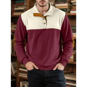 A men's color blocked corduroy casual long sleeved stand up collar design, loose fit, comfortable fabric, suitable for daily wear in autumn and winter, men's casual sports hoodie.