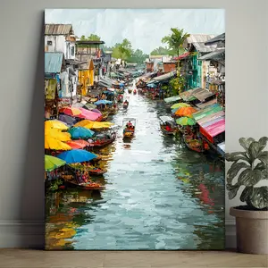 2D plane, 2D plane, 2D plane 1 piece, with frame, 30.48X 40.64cm [2D plane] Humorous cartoon-style art, depicting the floating markets and river landmarks of Thailand