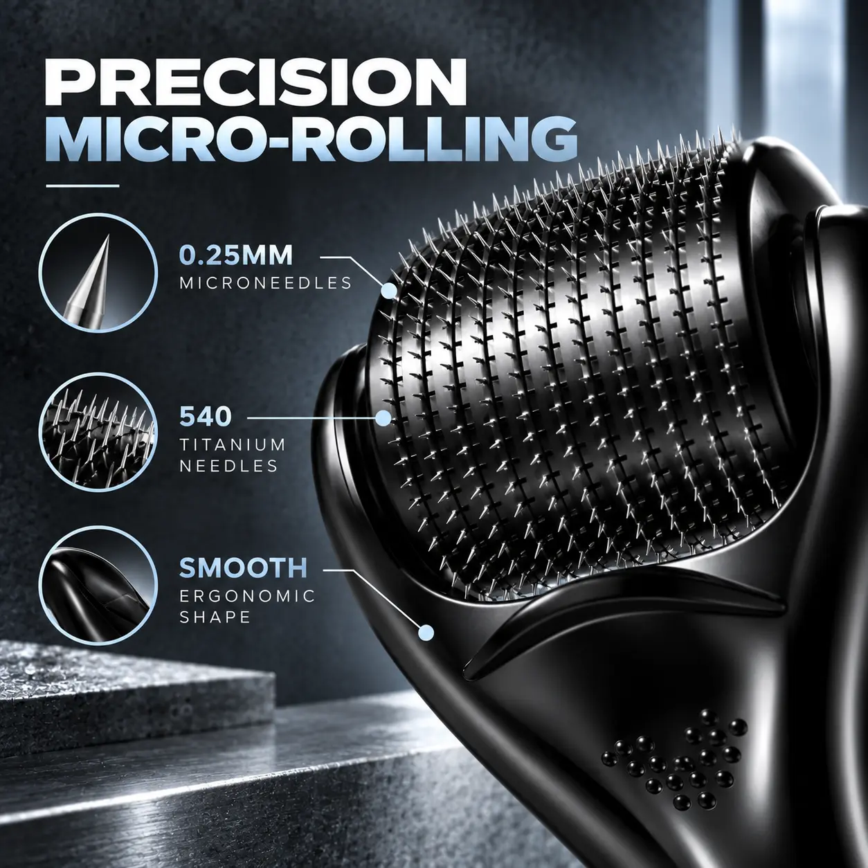 Beard Derma Roller for Men, 0.25mm 540 Titanium Microneedles, Microneedle Beard Roller for Face, Scalp & Hair, Beard Growth Roller Grooming Tool with Ergonomic Handle and Protective Storage Case for Daily Use