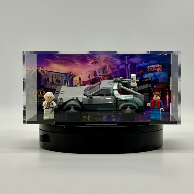 Acrylic Display Case for LEGO Back to the Future Time Machine 77256 | Custom UV Printed Hill Valley Background | Dustproof Display