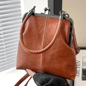 Mini Vintage-Inspired Faux Leather Shoulder Bag for Women - Lightweight, Adjustable Strap, Kiss Lock Closure, Polyester Lined - for Daily Commute & Special Occasions - Available in Light Brown/Black