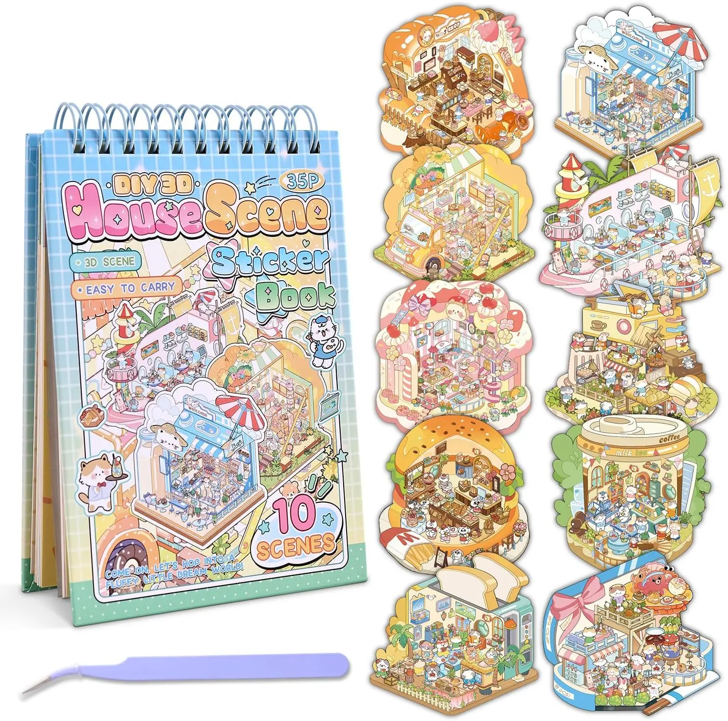Halloween Fall Gift 10 Sets DIY 3D House Stickers, Scene Miniature Sticker Book, Cute Cartoon Scenes for Women Girls Teen Kids, Make Your Own Sticker, Fun Room BookRelief Stress Pass The Time