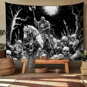 1pc  Black Gothic Skull Skeleton Army Tapestry Wall Art Decor Mysterious Dark Fantasy Warrior Horsemen Canvas Medieval Scene Eerie Night Battle Decorative Living Room Bedroom Wall Hanging Decoration Design Tapestry Wall Tapestries