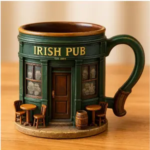 Irish Bar Theme 3D Resin Feel Cup with Handle, Vintage Design, Glossy Finish & Wax Coating, Hand Wash Only, Reusable Coffee and Tea Cup
