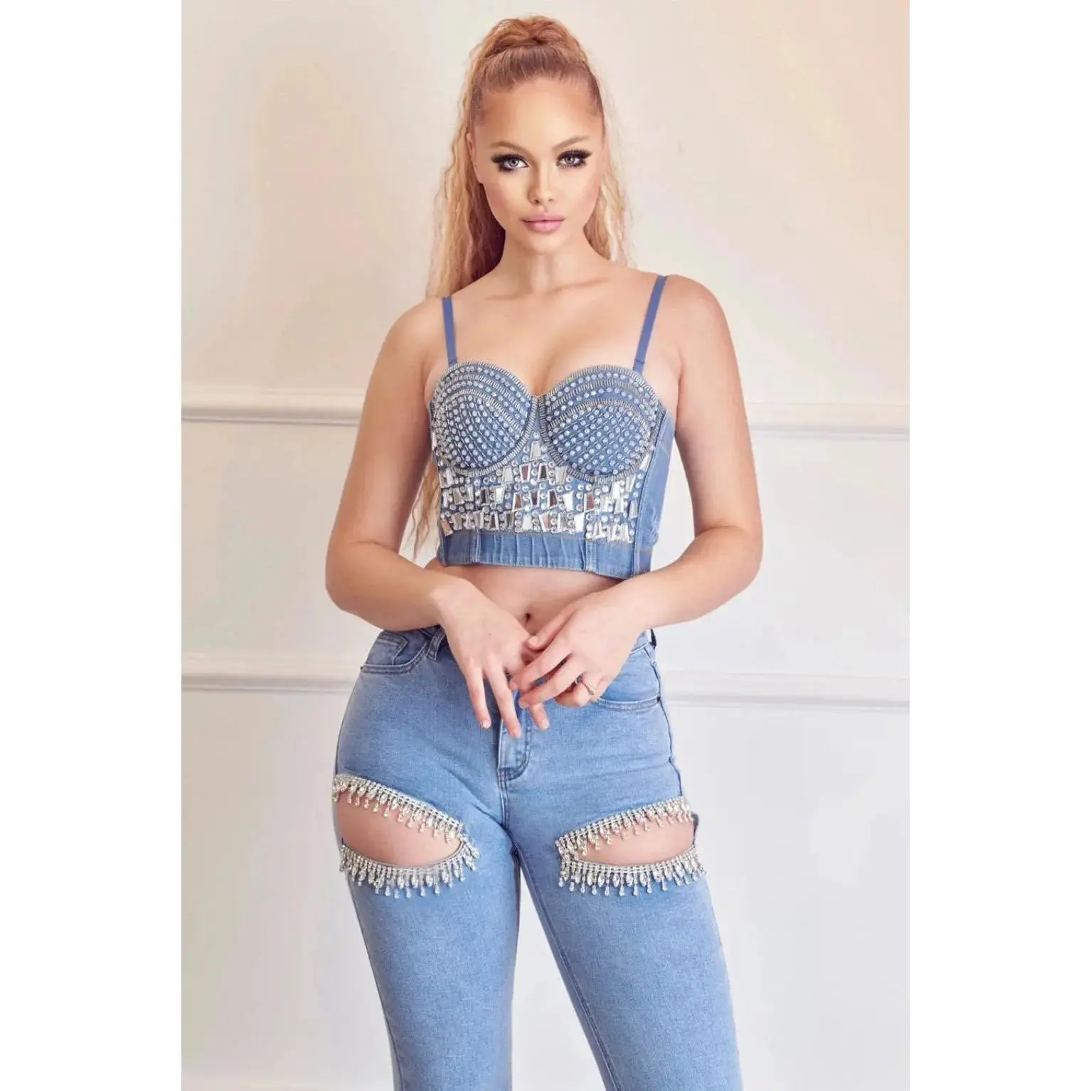 Women's Rhinestone Curvy Stretch Skinny Jeans, Fitted Casual Style Bottoms for Women's Clothes