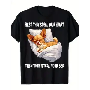 [100%25 Cotton] Funny Chihuahua Graphic T-Shirt - "First They Steal Your Heart" Humorous Pet Lover Tee, Unisex Black Casual Short Sleeve Shirt, All-Season Comfort, Machine Washable, Regular Fit Round Neck Top For Men & Wo Golf Gift T-Shirt For Men And Wo