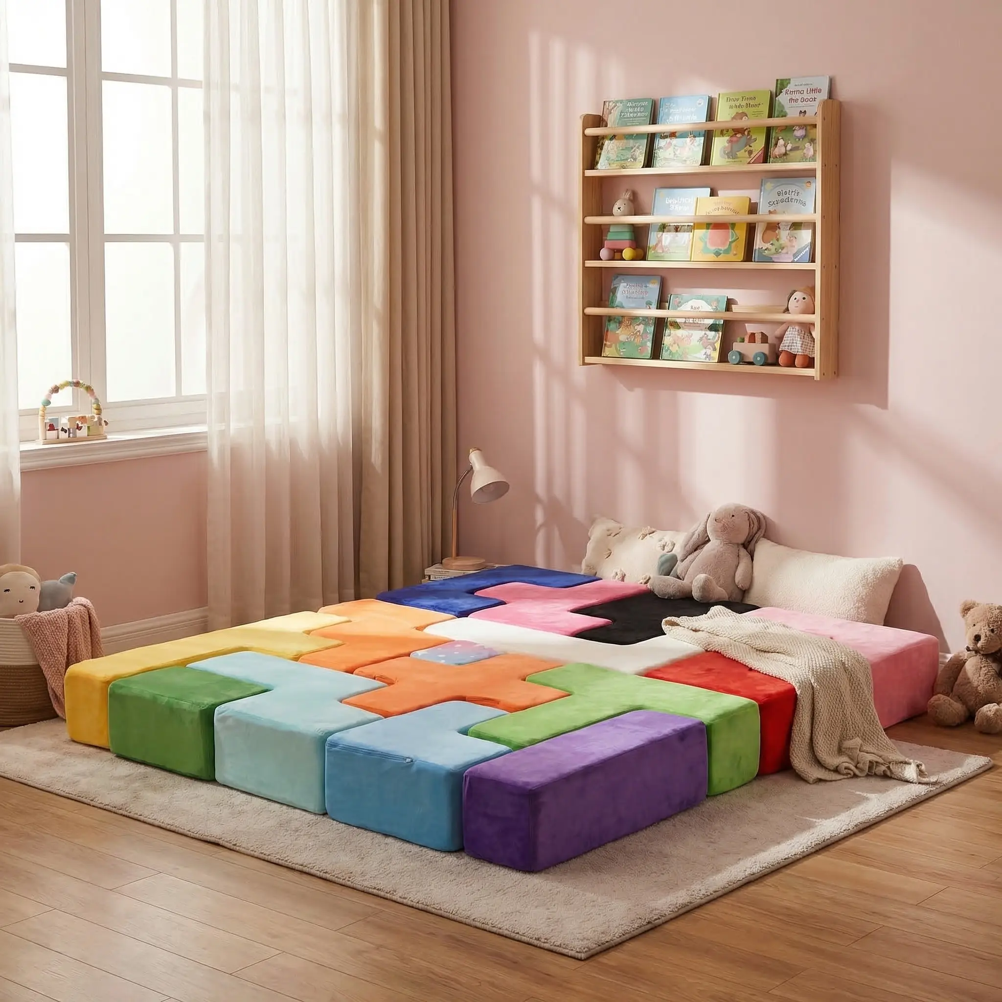 Kids Tetris Puzzle Modular Play Couch, Convertible Sofa Bed Multi Shape Building Foam Furniture, Safe Rounded Edges Soft Velvet Toddler Room Furniture, Playroom Nursery Reading Nook for Boys Girls, Birthday Christmas Gift