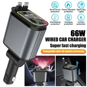 Mother's Day Gift:4-in-1 car charger fast charging adapter 66W fast charging portable power bank, starry sky LED ambient light design, portable and durable, suitable for iPhone, Android phones, safe and efficient charging multi port car charger