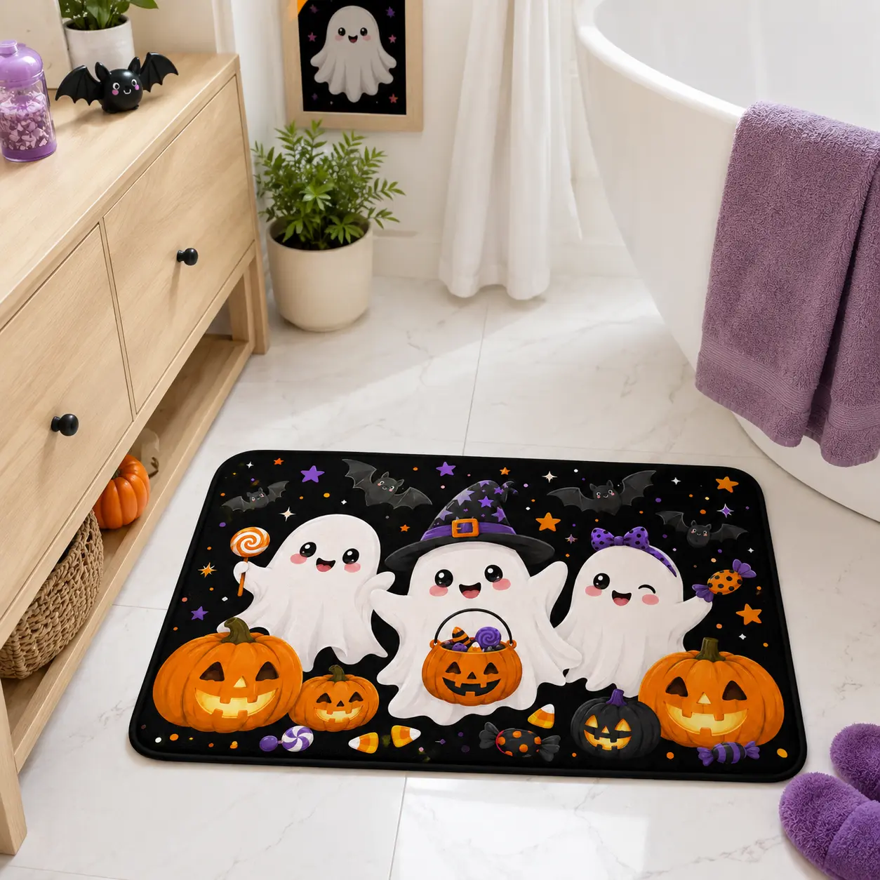 Halloween-Themed Flannel Bath Mat (40*60 cm / 15.7*23.6 inches) - Highly Absorbent, Soft, Non-Slip, Easy-to-Clean Bathroom Mat for Bathrooms, Entryways, Bathroom Entry