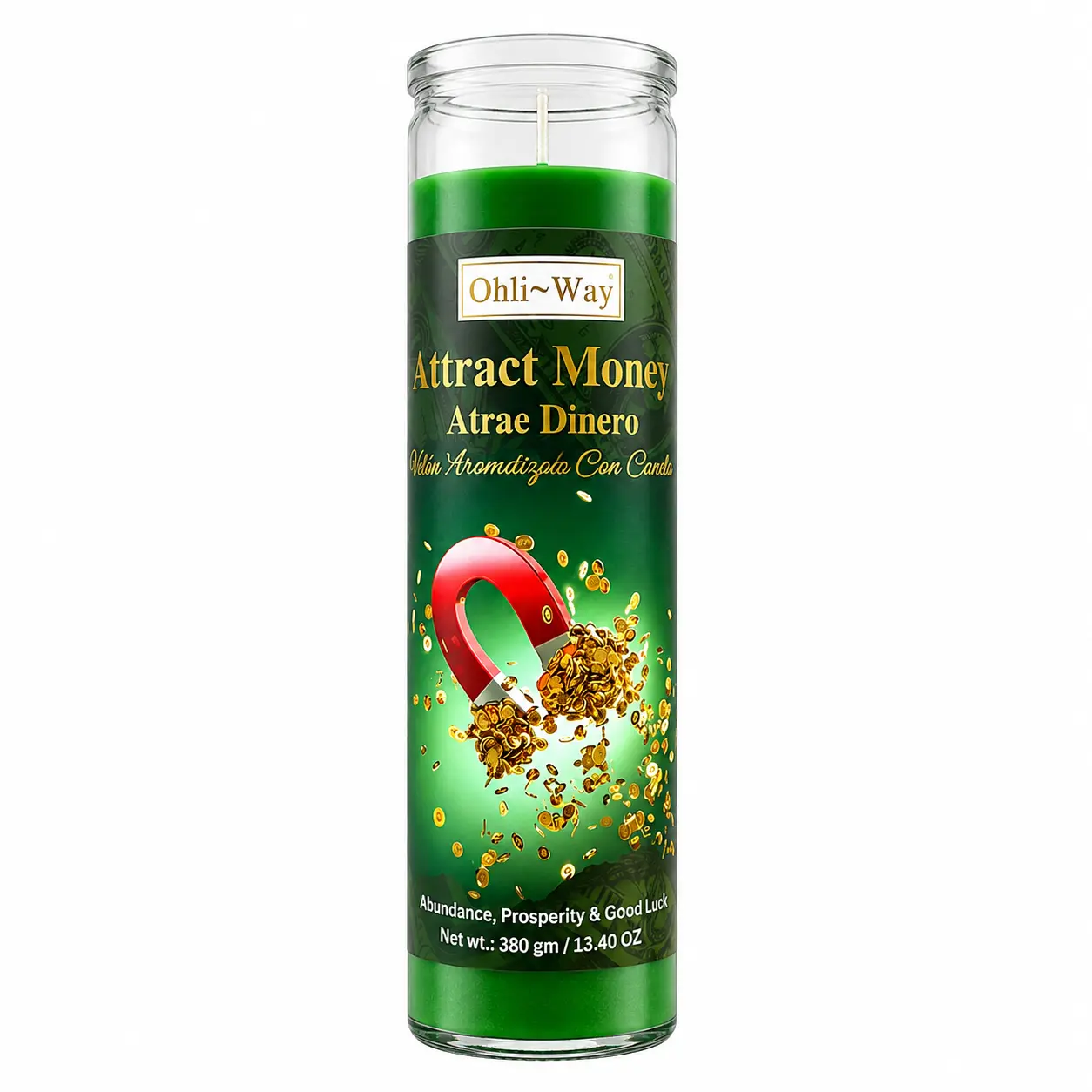 Attract Money Prepared Green Candle – 13.40 oz Glass Jar Money Drawing Spiritual Candle with Stones for Abundance, Prosperity, Good Luck, Prayer, Altar & Rituals