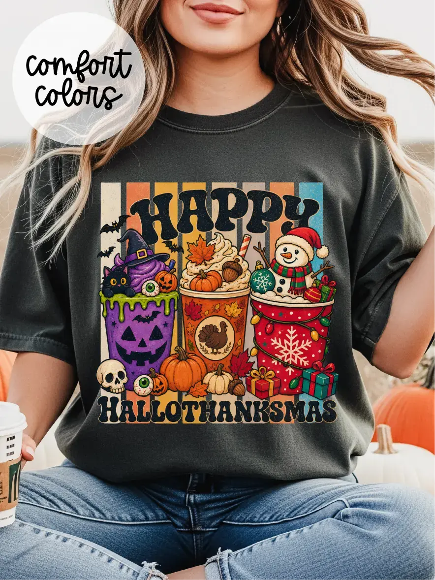 Happy Hallothankmas T-Shirt, Retro Holiday Season Tee, Festive Fall & Winter Shirt