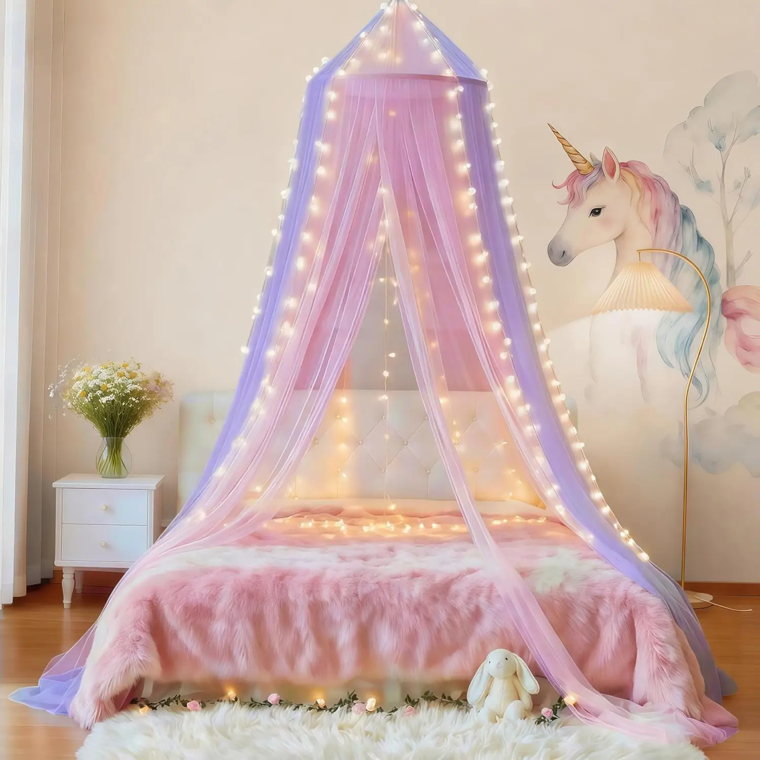 Two-tone mosquito net canopy for girls’ room decor, insect protection hanging indoor canopy, pink + purple, with 250 warm lights