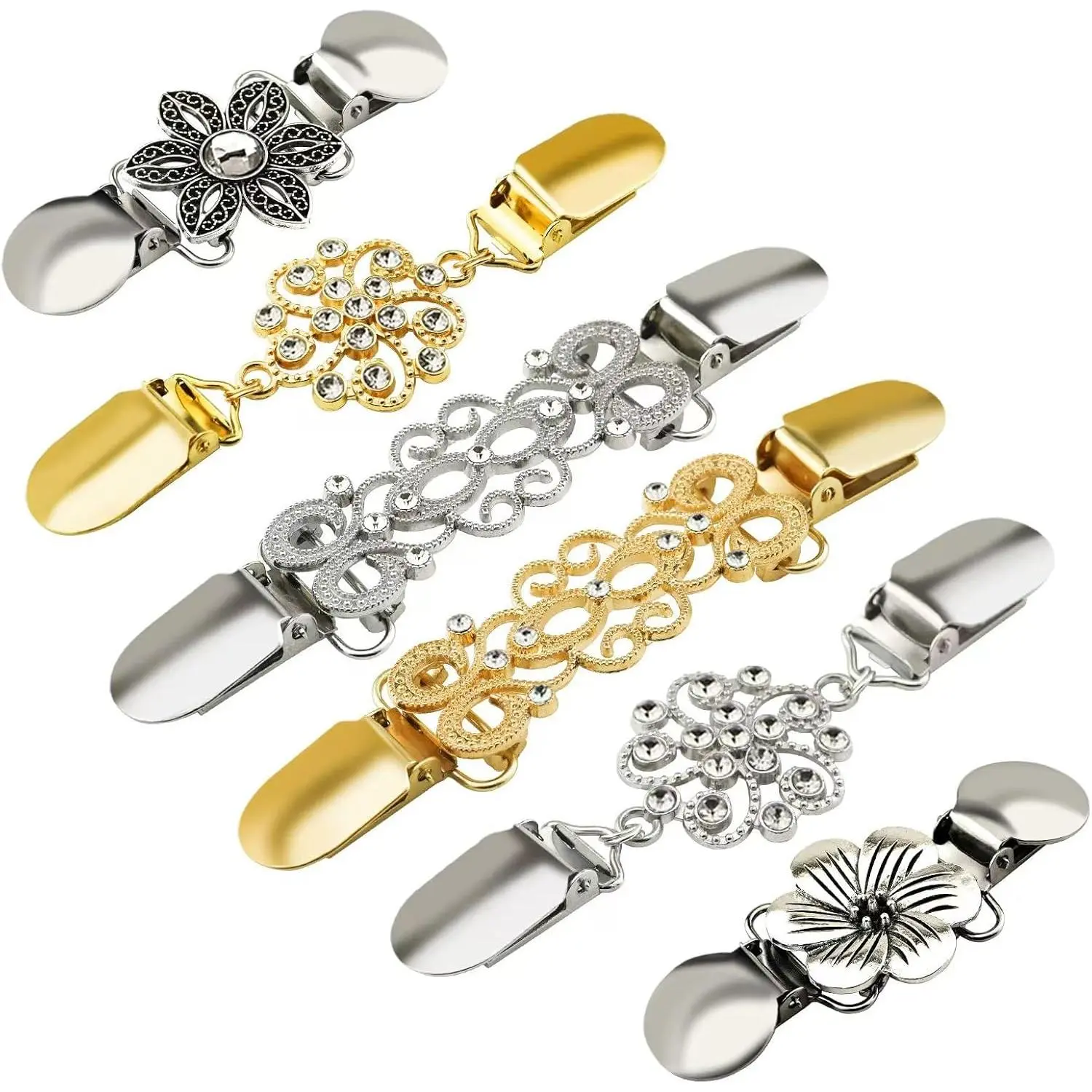 6 count Retro Sweater Clips for Cardigans,  Cinch Clip for Dresses, Variety of Styles Dress Clip  of Shirts Cinches Shawl Clips for Different Women Clothing, 3 Sizes