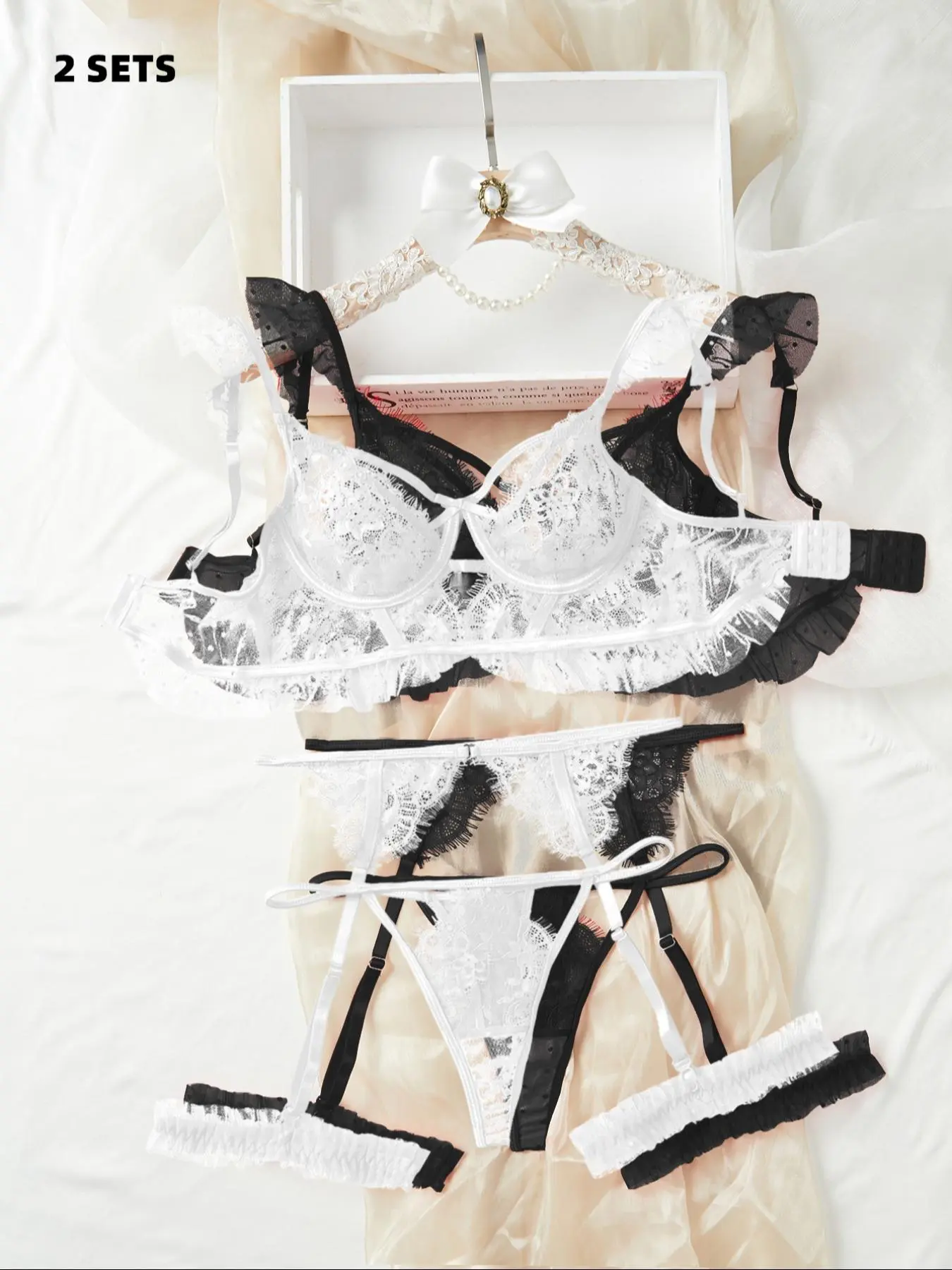 Women's Floral Lace Sexy Lingerie Set, Push Up Bra & Thong & Garter Belt &  Stockings