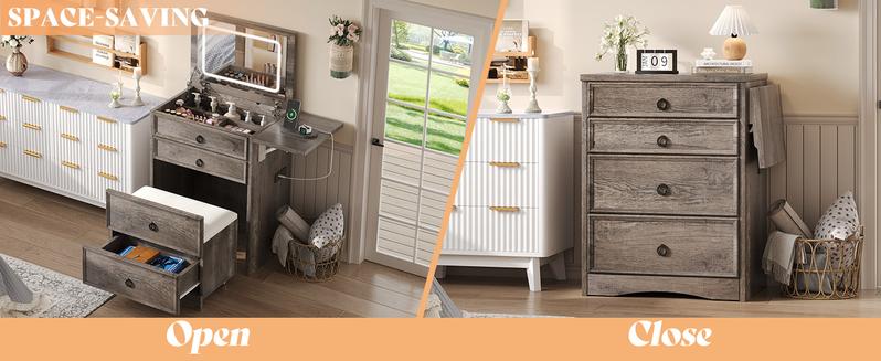 AMERLIFE 3-in-1 Makeup Vanity with Sliding Stool, Fold-up Panel, Divided Storage & Power Port, Farmhouse Makeup Table with Adjustable LED Light, for Small Space/Best Gift Ideas/Christmas Gifts