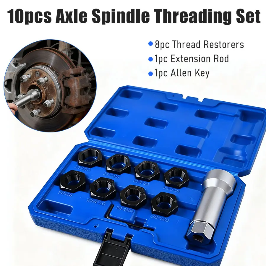 Axle Spindle Rethreading Kit,10 Piece Precision Restorer Master Repair Kit, Essential Tool for Mechanics - Includes Thread File and Axle Spindle Thread Chaser Set (10 Piece)