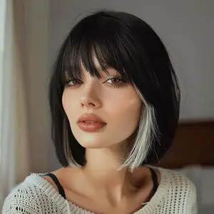 SMILCO/14Inch Short Straight Highlight Black With White Synthetic Hair With Bangs/SM399