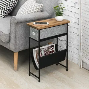Rustic Burnt Wood & Black Metal Side Table w/ Silver Galvanized Drawer & Leatherette Magazine Holder