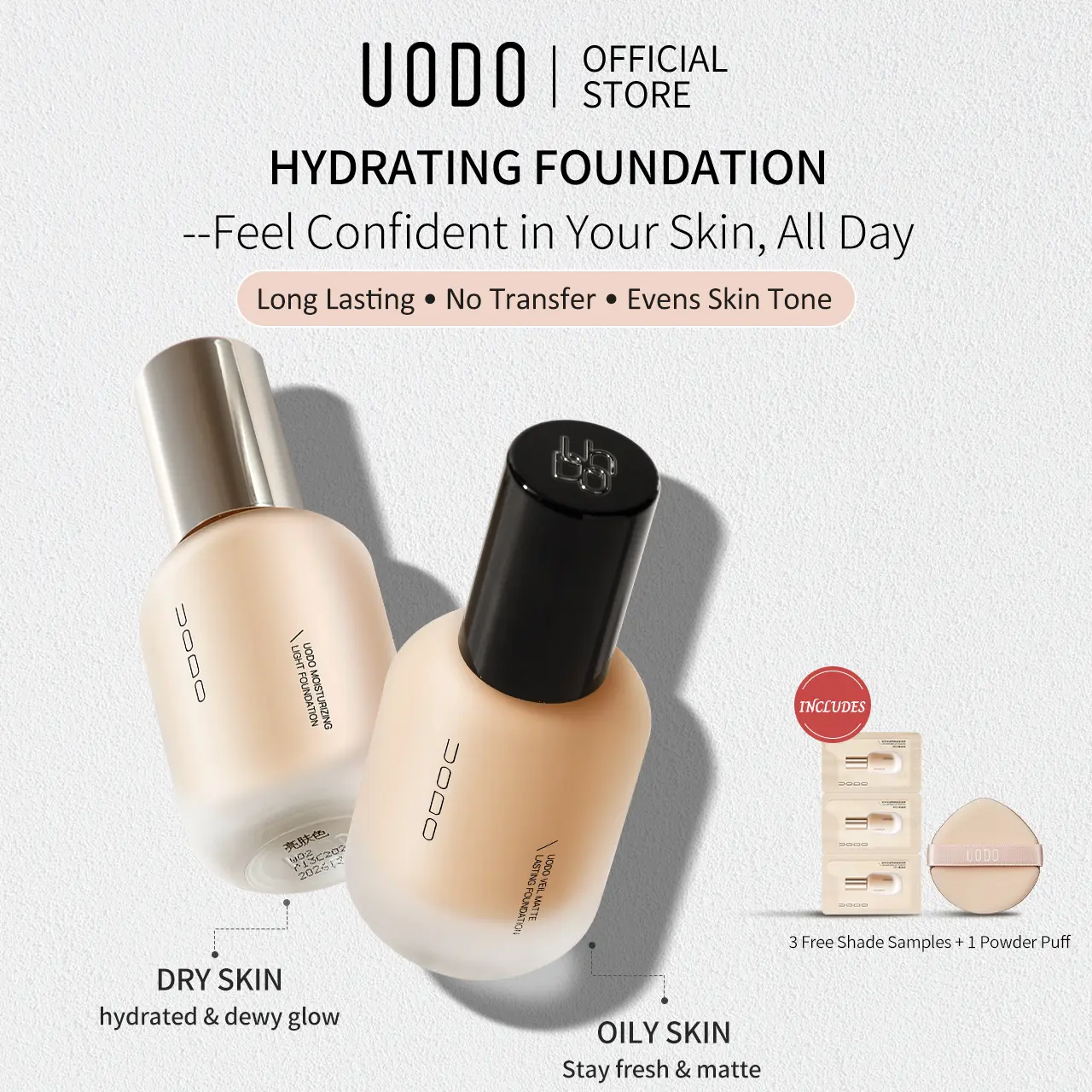 UODO Hydrating Foundation, Lightweight Liquid Makeup with All Day Coverage and a Dewy Moisture Finish for All Skin Types