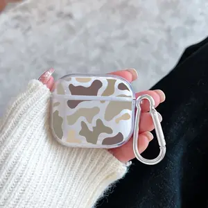 Camouflage Mosaic Pattern TPU Soft Protective Case for Apple AirPods 4/3/2/1/Pro/Pro2 Transparent Earphone Cover with Keychain Attachment
