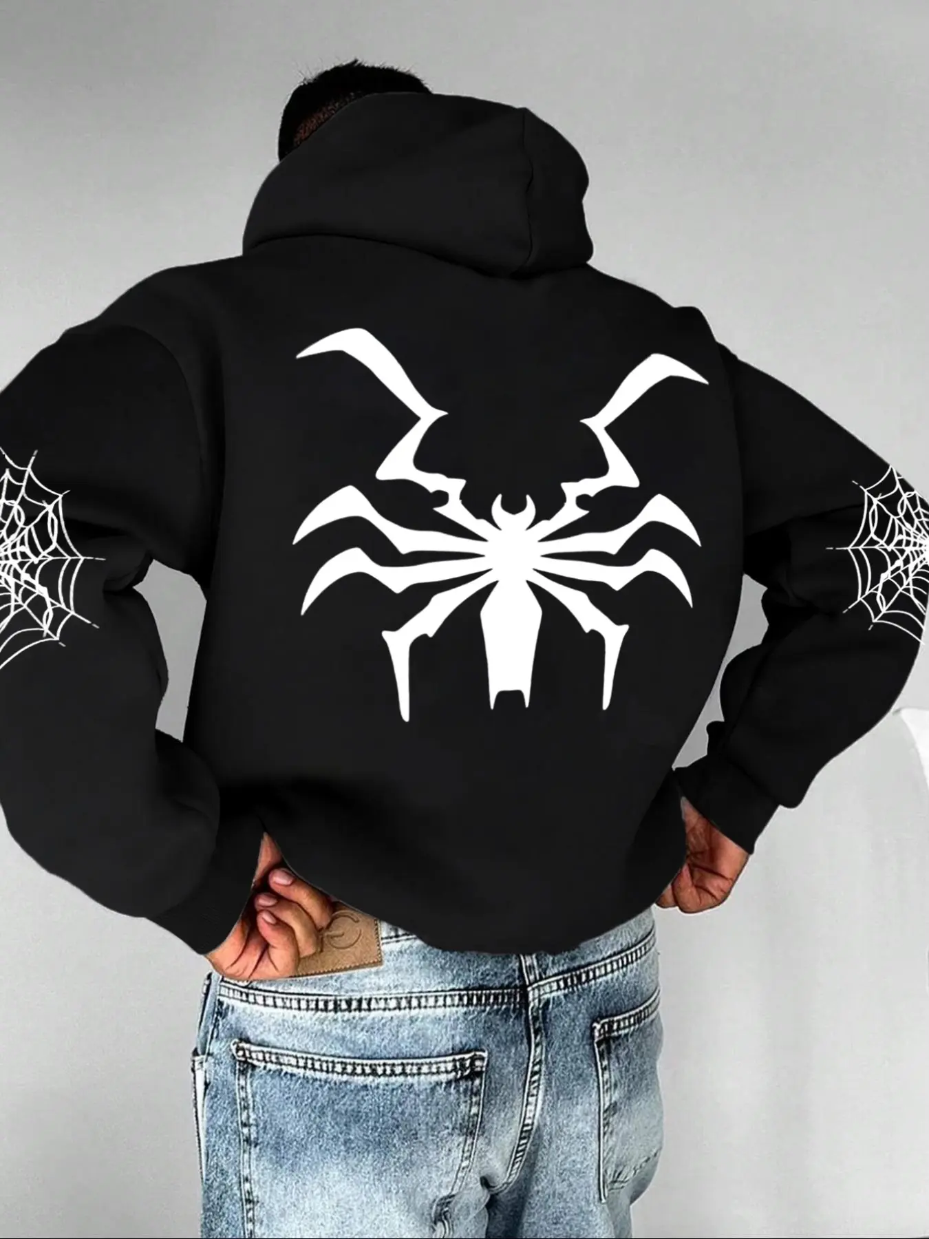 Men's Spider Print Fleece Hoodie, Graphic Hoodies, Unisex Casual Versatile Top, Comfortable Outdoor Wear for Fall & Winter, Loose-Fitting Style